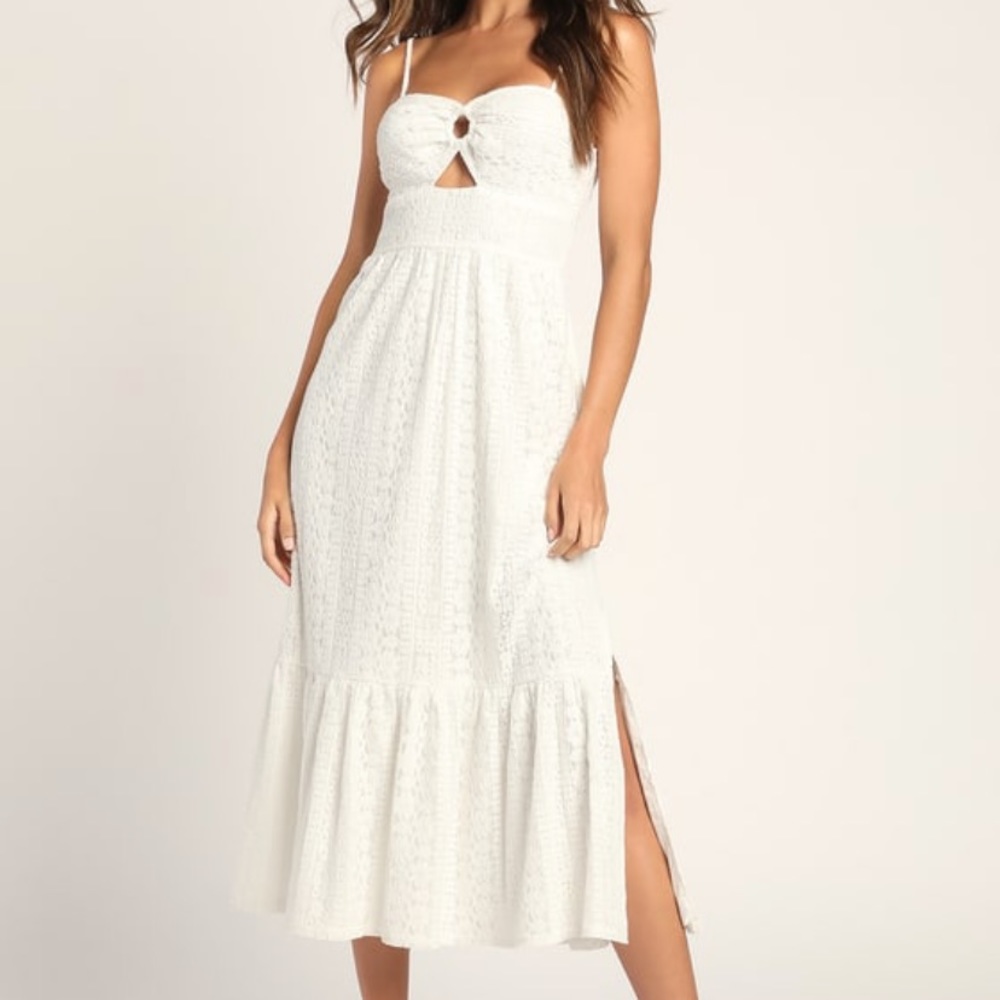 Lulus Fall into Lace White Sleeveless Lace O-Ring Midi Dress
